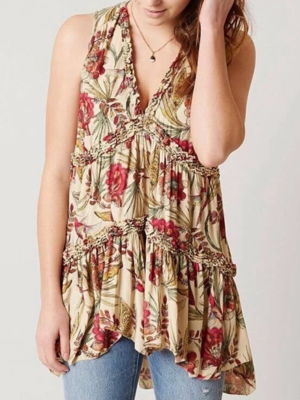 Free People Hummingbird Haze Floral Tiered V-Neck Tank Top Tunic